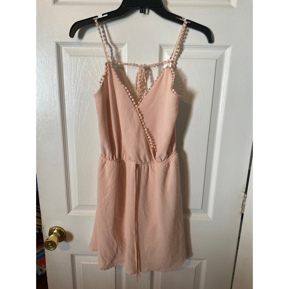 Wet Seal Pink PomPom Trim SurpliceRomper Womens Small Sleeveless OpenBack V-Neck